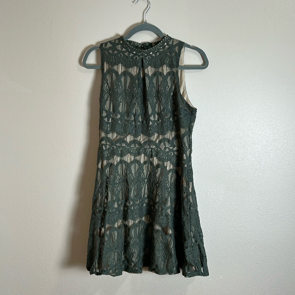 Love Fire Sage Green Lace Mock Neck Mini Dress Fit & Flare‎